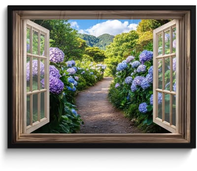 Poster in lijst - Fotolijst 70x50 cm - Posters - Doorkijk - Hortensia - Pad - Natuur - Posterlijst zwart - Decoratie - Wanddecoratie woonkamer - Muurdecoratie slaapkamer