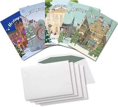 Inspra Studio – Luxe Kerstkaarten met Enveloppen – 5 Stuks – ’s-Hertogenbosch Stad Wenskaarten – Artistieke Illustraties van Nederlandse Steden