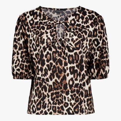 TwoDay dames blouse met panterprint en strikjes - Beige - Maat S