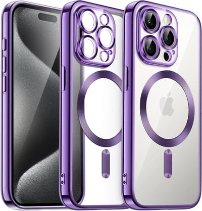 Hoesje Geschikt voor iPhone 15 Plus Magsafe hoes - Lens beschermer – backcover – Transparant / Paars