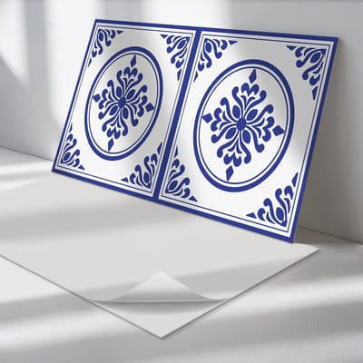 Wallfluent Vinyl Wandpaneel - Patroon met cirkels en bloemen Zelfklevend Wandpaneel - 100 cm x 50 cm - Blauw PVC wandpaneel - Set van 1 - Rechthoekig Wandbekleding Vinyl - Texturen Wandpaneel - PVC Muurpaneel - Wandpaneel Keuken en Badkamer