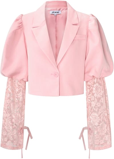 Elegante Katoenmix Vrouwenjas met Pofmouwen en Kant - Roze - Maat S