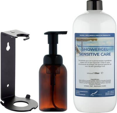 Zeepdispenser 300 ml amber bruin hervulbaar + 1 liter Showergel Sensitive Care navulling (inclusief beugel)
