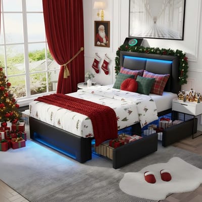 STILVORA Eenpersoonsbed 90x200 cm – Gestoffeerd Bed Met USB En LED – 4 Lades Voor Extra Opbergruimte – Ideaal Voor Slaapkamer Of Kinderkamer – PU – Zwart