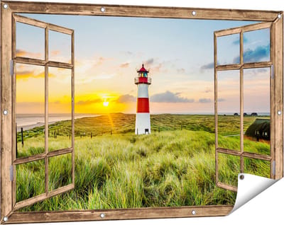 Gards Tuinposter Doorkijk Vuurtoren met Zonsopgang op een Eiland - 120x80 cm - Tuindoek - Tuindecoratie - Wanddecoratie buiten - Tuinschilderij