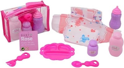 Baby Rose verzorgset in tasje - baby poppen accessoires - speelgoed luier flesje eetsetje - Kerstcadeau Sinterklaas schoencadeautje