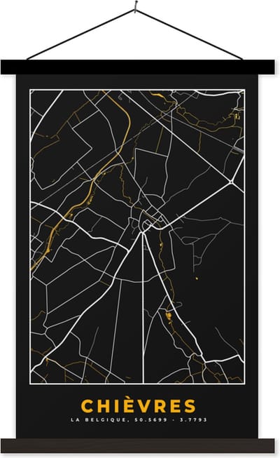Posterhanger incl. Poster 40x60 cm - Schoolplaat - Stadskaart - Goud - Kaart - Plattegrond - Chièvres - Textielposter - Zwarte latten - Stadskaart