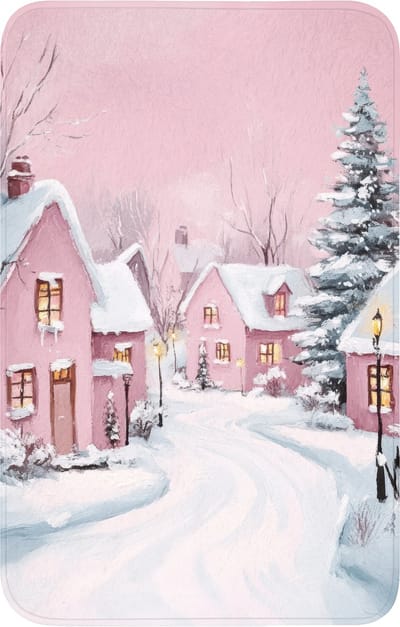 WC mat 50x80 cm - Antislip - Kerstdorp - Roze - Winter - Sneeuw - Huizen - Toiletmat - Vloermat - Douchemat - Toilet tapijt - Toiletmatten