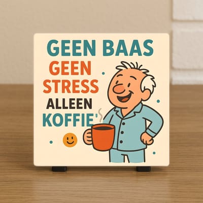 Wenstegeltje Geen Baas Geen Stress Alleen Koffie – Humor Cadeau Pensioen – Stijlvolle Woondecoratie met Boodschap – Trendy nu– Hip trendy tegeltje – Cadeau – Zomaar – Decoratief Tegeltje met Standaard – Cadeau Idee