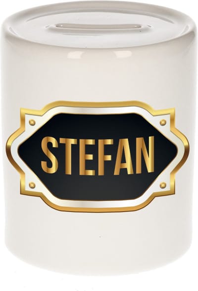 Spaarpot met voornaam Stefan - wit - met goud/zwart embleem - 8 x 9 cm - keramiek - met afsluitdop - cadeau verjaardag