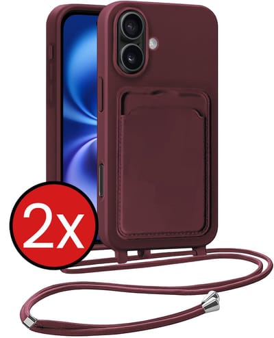 Hoesje Geschikt voor iPhone 16 Plus Hoesje Met Telefoonkoord en Pasjeshouder Siliconen - Hoes Geschikt voor iPhone 16 Plus Hoesje Met Kaarthouder Case - Aubergine - 2 PACK