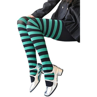 Collants Opaces à Rayures Larges Horizontales Colorées 50D Nylon pour Femmes, Adultes, Halloween, Cosplay et Usage Quotidien One Size black