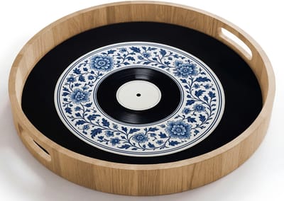 Dienblad rond 40x40 cm - Schootdienblad hout - Vinyl - LP - Delfts Blauw - Muziek - Borrelplank rechthoek - Plateau houten dienbladen