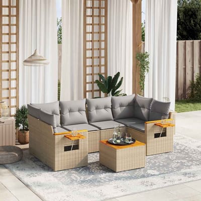 vidaXL - 7-delige - Loungeset - met - kussens - poly - rattan - beige