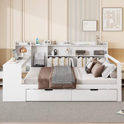 Wishdor Multifunctionele Slaapbank – 140 x 200 cm – Met Bureau en Boekenkast – Massief Hout Wit – Inclusief Stopcontact en USB – Met 2 Lades en Opbergvakken – Complete Werk- en Slaapplek voor Studenten of Logeerkamer