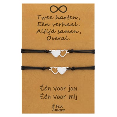 Vriendschapsarmbandjes voor 2 " Twee Harten, Een Verhaal ∞" - Hartjes - BFF Armbandjes met Persoonlijk Cadeau Kaartje - Zilverkleurig - Elastisch Verstelbaar - Pax Amare