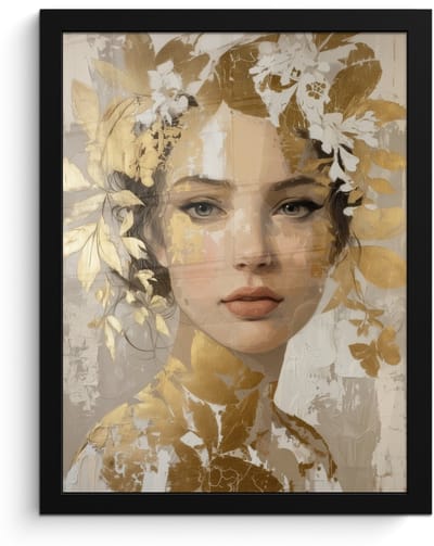 Poster in lijst - Fotolijst 30x40 cm - Posters - Gezicht - Vrouw - Bladeren - Goud - Posterlijst zwart - Decoratie - Wanddecoratie woonkamer - Muurdecoratie slaapkamer