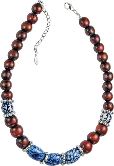 Behave® Ketting houten kralen en delftsblauwe kralen – 48 cm