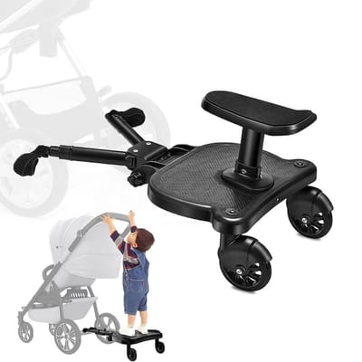 Meerijdplankje Universeel - Meerijplankje Met Dubbele Stevige Wielen - Meerijdplankje Met Zitje Voor Aan De Kinderwagen of Buggy - Extra stabiel - Verstelbaar – Meerijdplankjes Tot 25 kg - Zwart
