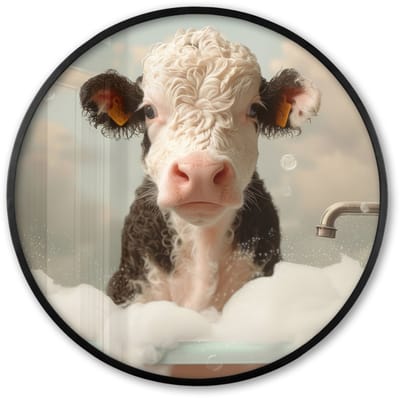 Poster in lijst Rond - Fotolijst 60x60 cm - Posters - Kalf - Koe - Bad - Schuim - Dieren - Ronde posterlijst zwart - Decoratie - Wanddecoratie woonkamer - Muurdecoratie slaapkamer