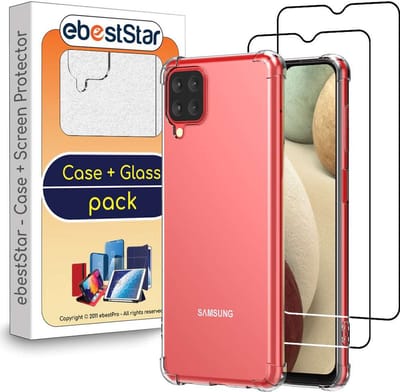 ebestStar - Hoes geschikt voor Samsung Galaxy A12 SM-A125F, Silicone Slim Cover Case, Versterkte Hoeken en Randen hoesje, Transparant + Gehard Glas x2