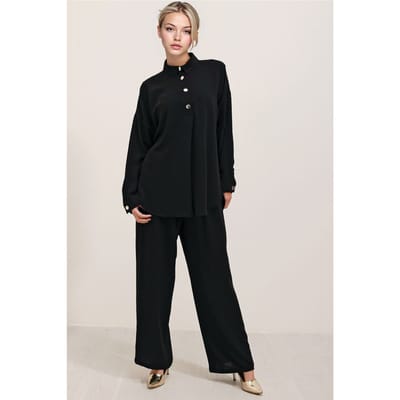 Gestructureerde Lange Mouwen Overhemd en Brede Pantalon Set