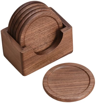 QTTVBTNA Houten onderzetters – 6 stuks – premium hardhout cup coasters – waterbestendig – duurzaam – Antislip Ronde Koffiematten met Houder – 9x9x0.8cm