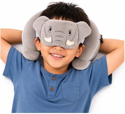 Relaxeazzz Relaxeazzz Reis set - Olifant knuffel / reiskussen / slaapmasker - voor kinderen - in vliegtuig of auto