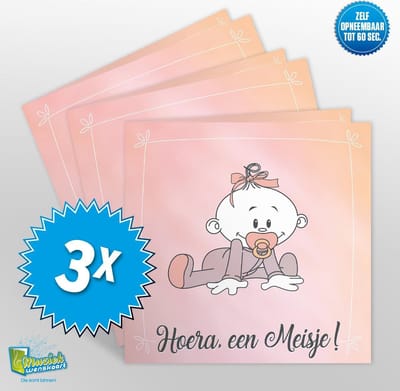 3x Muziekwenskaart - Hoera een meisje – zelf opneembaar – 60 seconden – 21x21cm – hoge kwaliteit – inclusief envelop