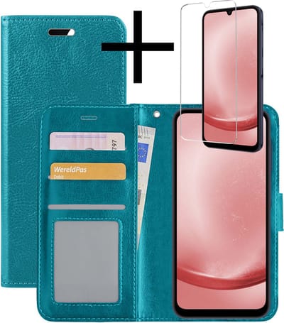 Hoesje - Met Screenprotector - Geschikt voor Samsung Galaxy A25 - Luxe Pasjeshouder - Bookcase Portemonee - Flip Case - Kunstleer Book Case - Flipcase - Book Cover - Walletcase - Portemonneehoes - Turquoise