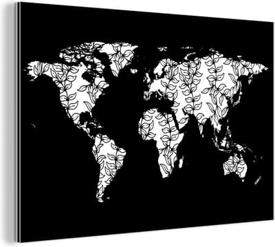 Wanddecoratie Metaal - Aluminium Schilderij Industrieel - Wereldkaart - Zwart - Wit - Bladeren - 120x80 cm - Dibond - Foto op aluminium - Industriële muurdecoratie - Voor de woonkamer/slaapkamer