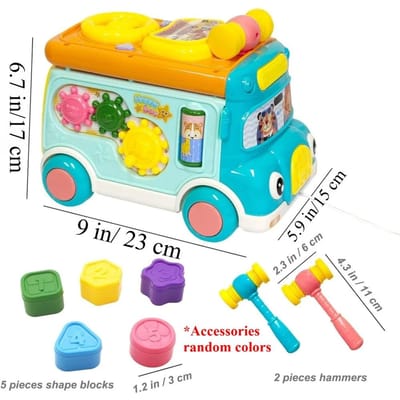 Montessori Speelgoed voor Peuters Muzikaal Speelgoed voor Baby Speelgoedbus met Tandwiel Matching Spel Whack-a-Mole Klok Leerspeelgoed Verjaardagscadeau blue