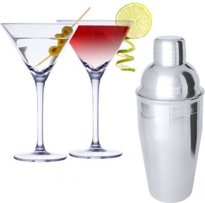 Set van 4x Martini cocktailglazen met cocktailshaker RVS - 220 ml - Cocktails drinken - Cocktails