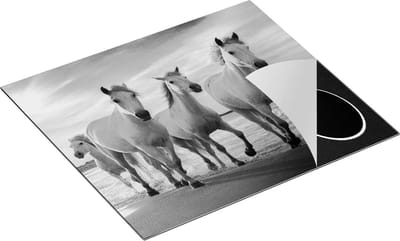 Chefcare Inductie Beschermer Witte Paarden op het Strand bij Water - Zwart Wit - 60x50 cm - Afdekplaat Inductie - Kookplaat Beschermer - Inductie Mat
