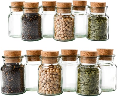 Set van 12 kruidenpotjes 150ml + kurk, opslag voor thee, kruiden & specerijen