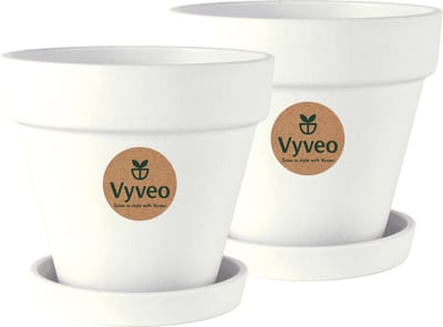 Vyveo - Bloempot Oslo met onderzetter - Set van 2 - 14x12 - Wit - Bloempot voor binnen en buiten - Lichtgewicht - Breukbestendig - Vorstbestendig - UV-bestendig