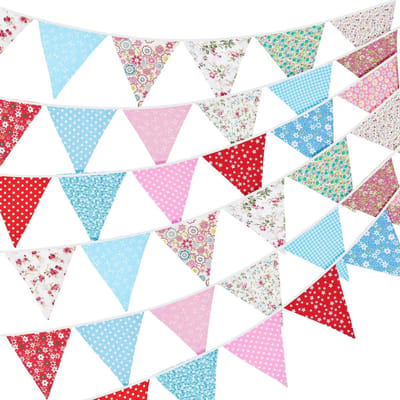 36-delige Dubbelzijdige Stoffen Bunting, 10m Blauw en Rood Bloemenbanner, 17x19cm Grote Driehoekige Slingers voor Herbruikbare Feestdecoratie Binnen en Buiten
