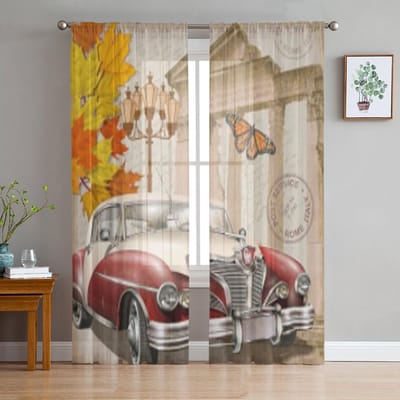 Rome Vintage Poster Auto Transparante Gordijn Voor Woonkamer Slaapkamer Voile Gordijnen Voor Raam Organza Gordijnen Feest Tule Gordijnen 135W x 114H(cm) white