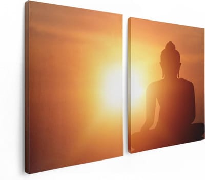 Artaza Canvas Schilderij Tweeluik Silhouet Van Een Boeddha Beeld Met Zonsondergang - 120x80 - Foto Op Canvas - Canvas Print