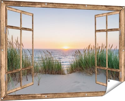Gards Tuinposter Doorkijk Zee vanuit Duinen met Zonsondergang - 150x100 cm - Tuindoek - Tuindecoratie - Wanddecoratie buiten - Tuinschilderij