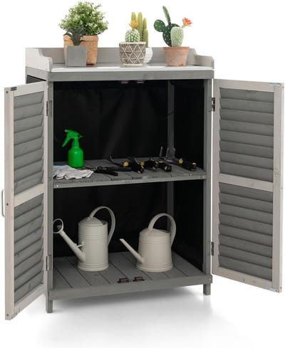 KOMFOTTEU Tuinschuur van hout, 67 x 47 x 100 cm, opbergkast met metalen plaat en 2 planken, 2 magnetische deuren voor binnenplaats en achtertuin, grijs