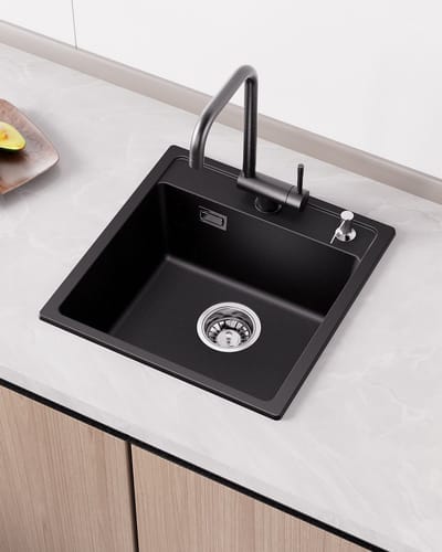 ANYCEE MAX Granieten spoelbakken - Inbouwwasbak 45 x 46 cm - 1 Bak Zwart, Afvoerset Inbegrepen