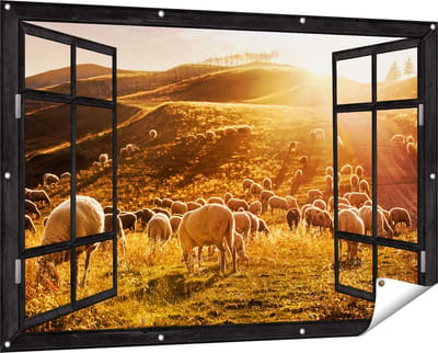 Gards Tuinposter Doorkijk Schapen in de Heuvels bij Zonsondergang - 150x100 cm - Tuindoek - Tuindecoratie - Wanddecoratie buiten - Tuinschilderij