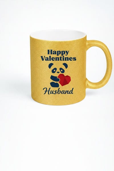 Happy Valentines Husband Mok 330ml – Gouden Keramische Koffiemok met Schattige Panda & Hart Design – Romantisch Valentijn Cadeau voor Hem
