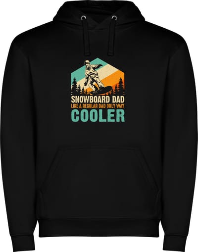 Zwarte unisex hoodie met “ Kleurrijke Snowboard Dad is Cooler – Snowboard vaders zijn cooler – Wintersport “ Print Full Color Color merk Roly maat S