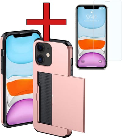 Hoesje Geschikt voor iPhone 11 Hoesje Met Pasjeshouder Hard Case Met Kaarthouder Met Screenprotector - Hoes Geschikt voor iPhone 11 Hoesje Pashouder Case - Rosé goud