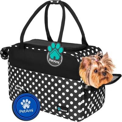Huisdier Draagtas - Reismand Hond - Veilig Reizen - Luchtvaart Goedgekeurd - 54 cm Lengte - Polka Dot Zwart
