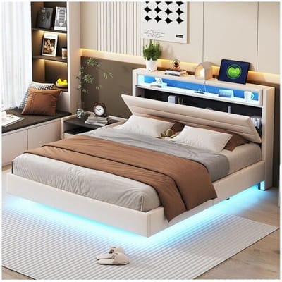 Merax Gestoffeerd bed 160 x 200 cm met USB-aansluiting en LED-verlichting, omkeerbaar hoofdbord, onzichtbaar voetbord, linnenstof, beige (zonder