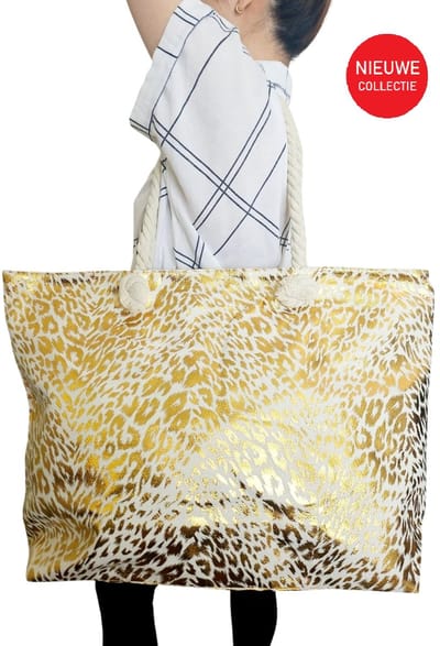 Big shoppertas goud kleurig - Grote Strandtas met ritsaansluiting zomer| Weekendtas XXL 60X40X16 CM| Vakantie| Kamperen| Moederdag cadeau