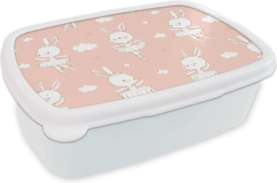 Broodtrommel Wit - Lunchbox - Brooddoos - Konijn - Ballerina - Patronen - 18x12x6 cm - Volwassenen